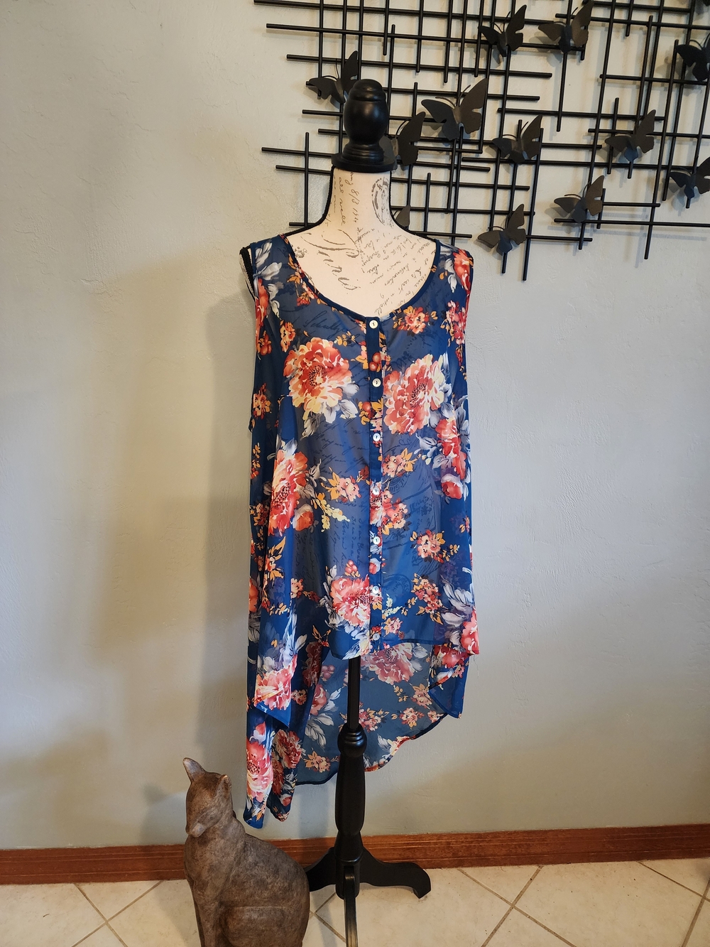torrid Sheer Navy Floral Button-Front High-Lo Tank with Floral Accents